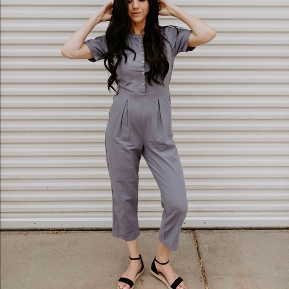 Short Sleeve Button Down Jumpsuit -Dusty Lavender - Picture 5 of 8